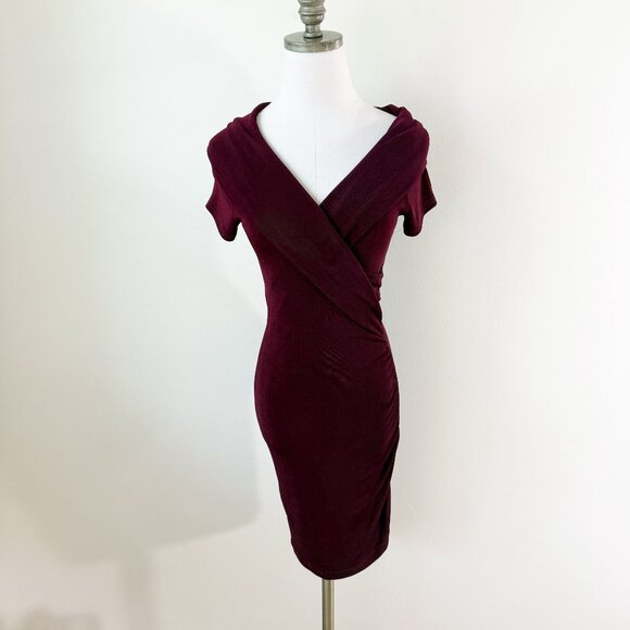 Vintage 90s Moda International Maroon	Bodycon Mini Dress Small Faux Wrap Style - Picture 1 of 6